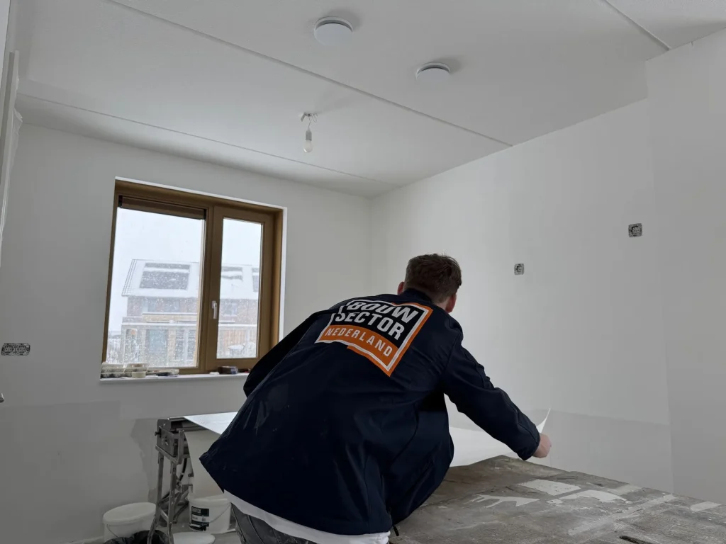 Behanger in werkjas pakt een baan vlies van de plaktafel in een lichte nieuwbouwkamer